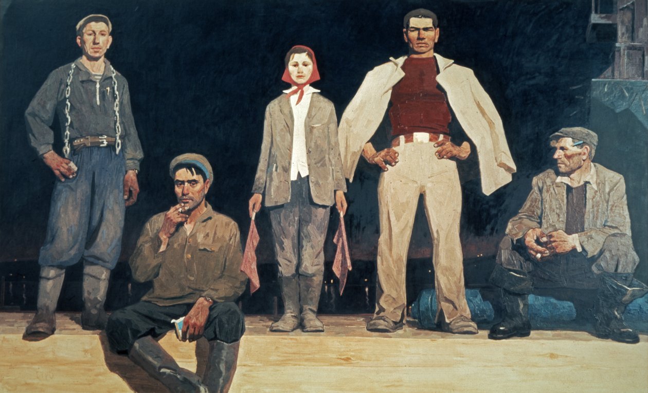 Byggare av Bratsk 1957 Målning av Viktor Popkov, socialistisk realism. av Unknown