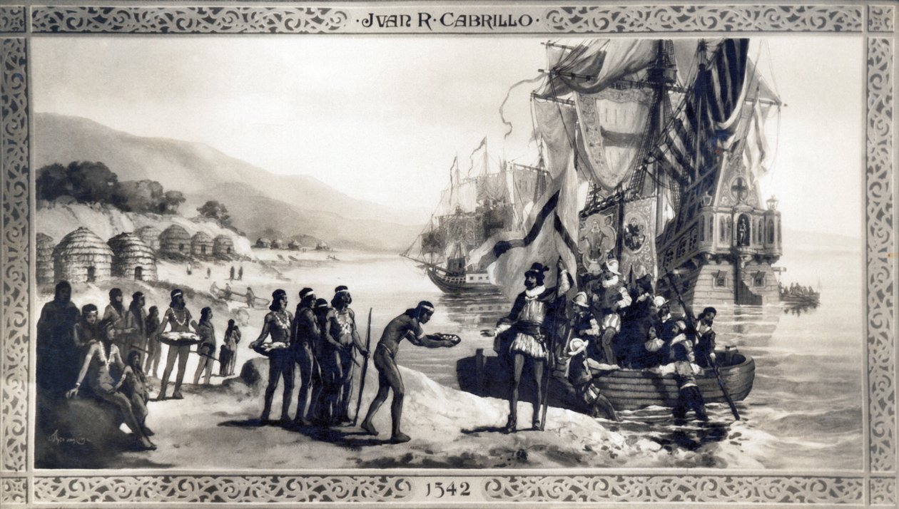 Kalifornien: 1542 En målning som föreställer Juan Rodriguez Cabrillo som möter infödda på Kaliforniens kust under sin expedition. av Unknown