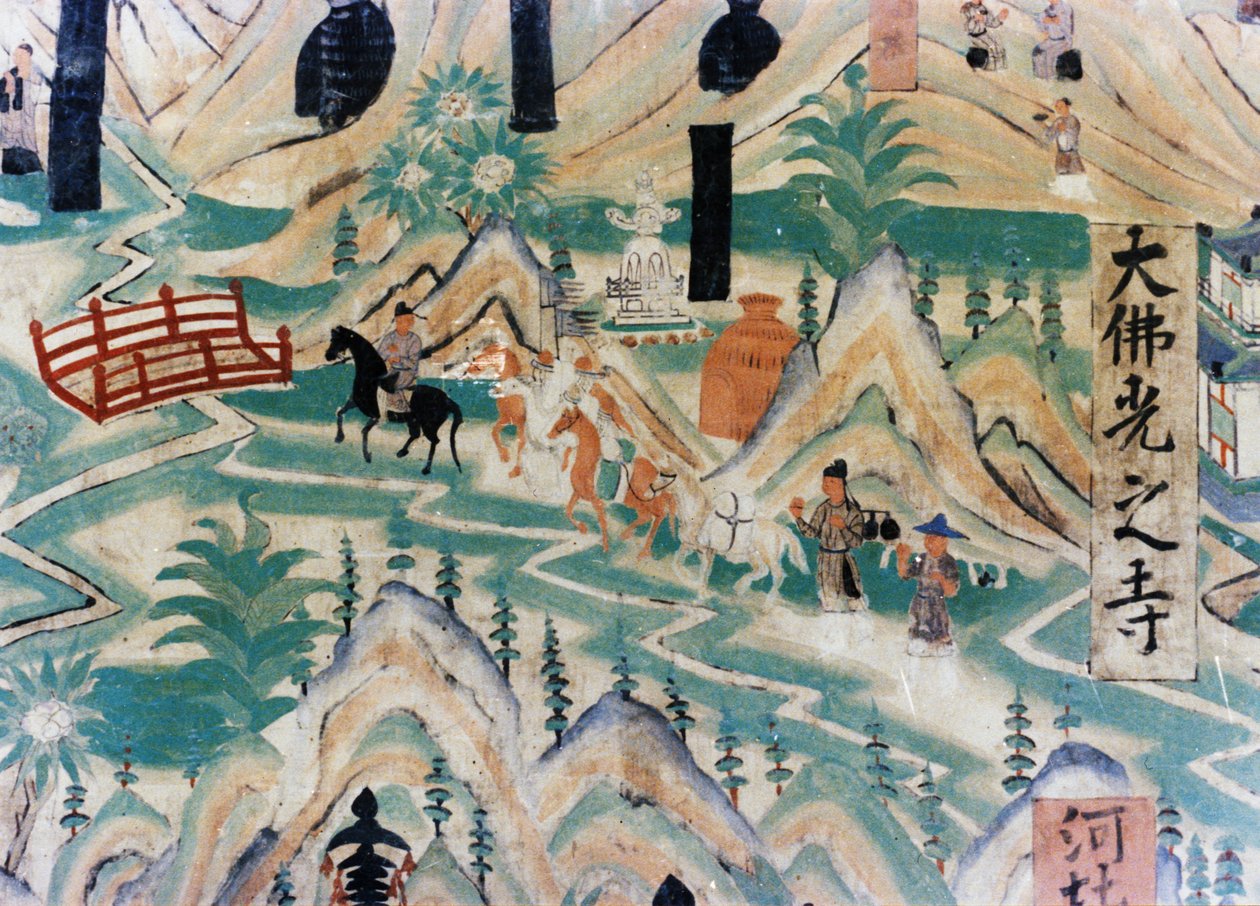 Detalj av Wutai Mountain (Wutaishan) karta, en väggmålning gjord under de fem dynastierna (907 - 960) i Dunhuang Grottoes, föreställande pilgrimer som färdas längs en väg av Unknown