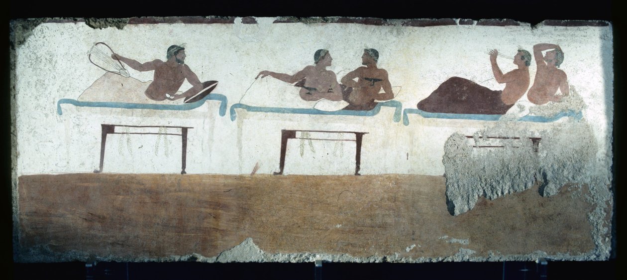 Grekisk målning från dykarens grav, Paestum, 480 f.Kr. Banqueters. Symposiumscen, Italien av Unknown