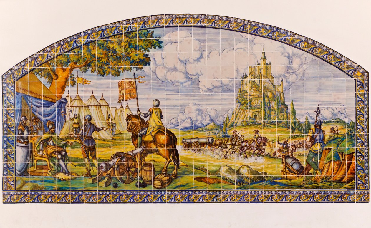Segovia, Segoviaprovinsen, Spanien. Modern keramisk kakelmålning av Segovia vid tiden för Comuneros-revolten 1520-1521. av Unknown