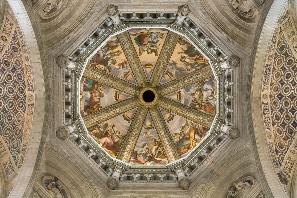 Utsikt över centralskeppets valv med fresk, Certosa di Pavia, Lombardiet, Italien av Unknown