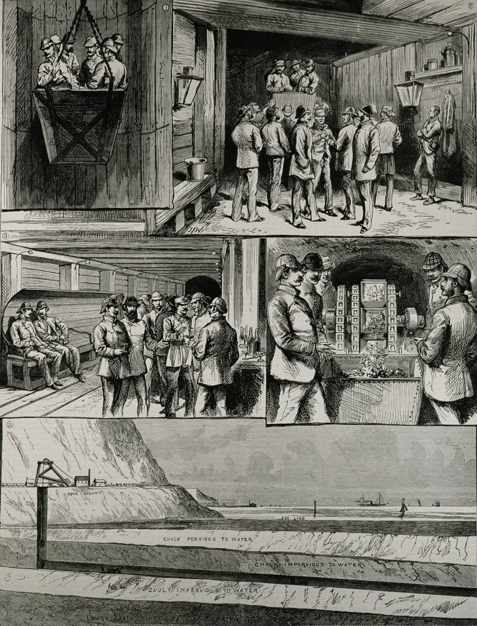 Channel Tunnel Works at Dover: Going Down in the Cage; Ankomst till botten av schaktet; Swindon Junction; Tryckluftborrmaskin; Sektion av tunneln, från "The Illustrated London News", 4 av English School