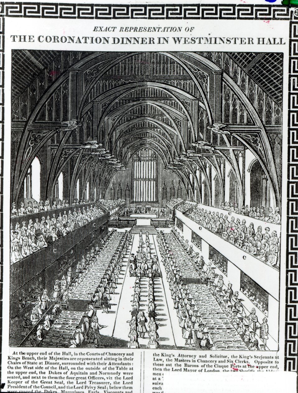 Kröningsbanketten i Westminster Hall, från en bok till minne av kung William III (1650-1702) och drottning Mary II (1662-94) av Francis Sandford (1630-94) av English School