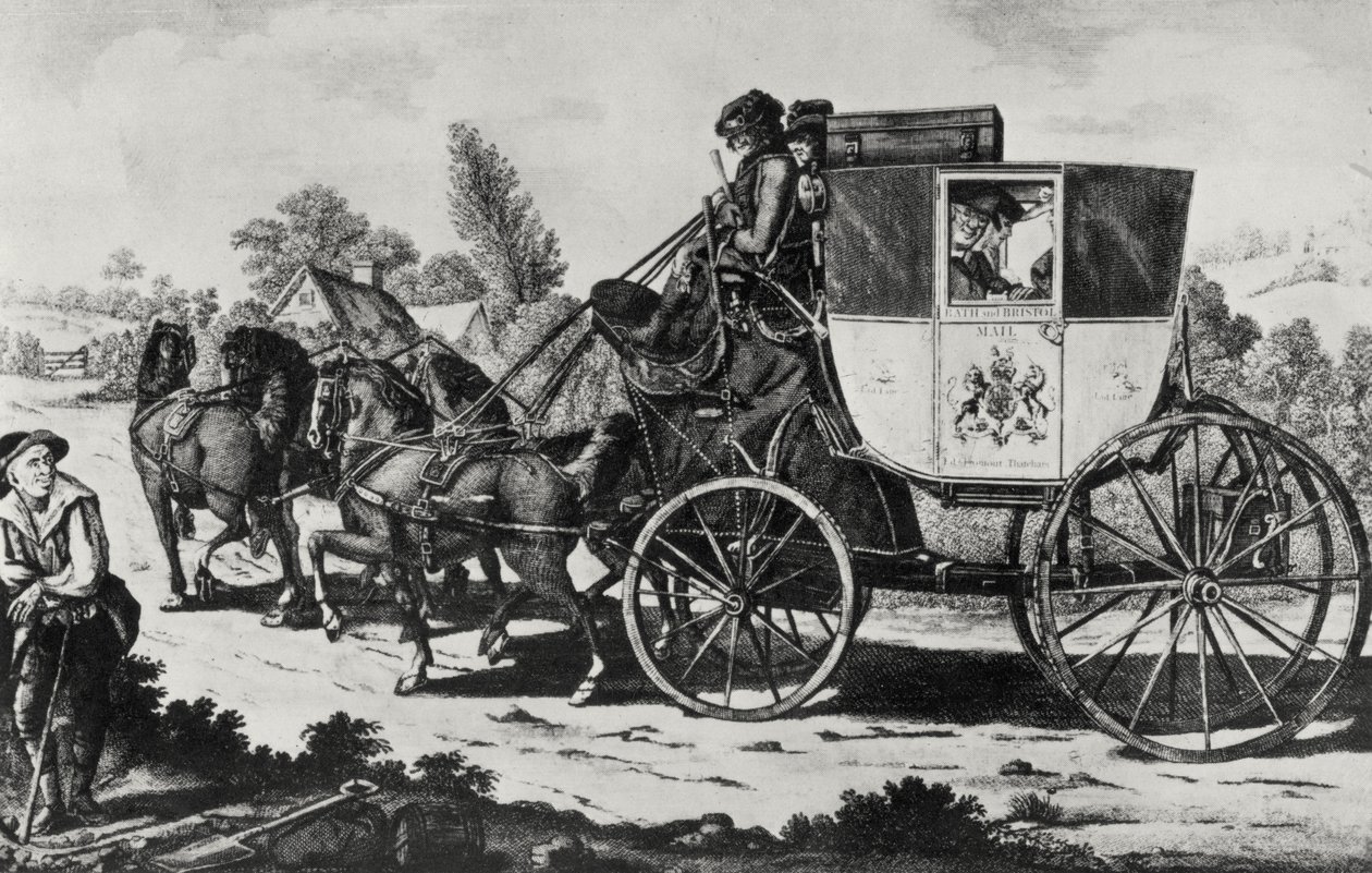 The First Mail Coach, 1784 (gravyr) (bundw foto) av English School