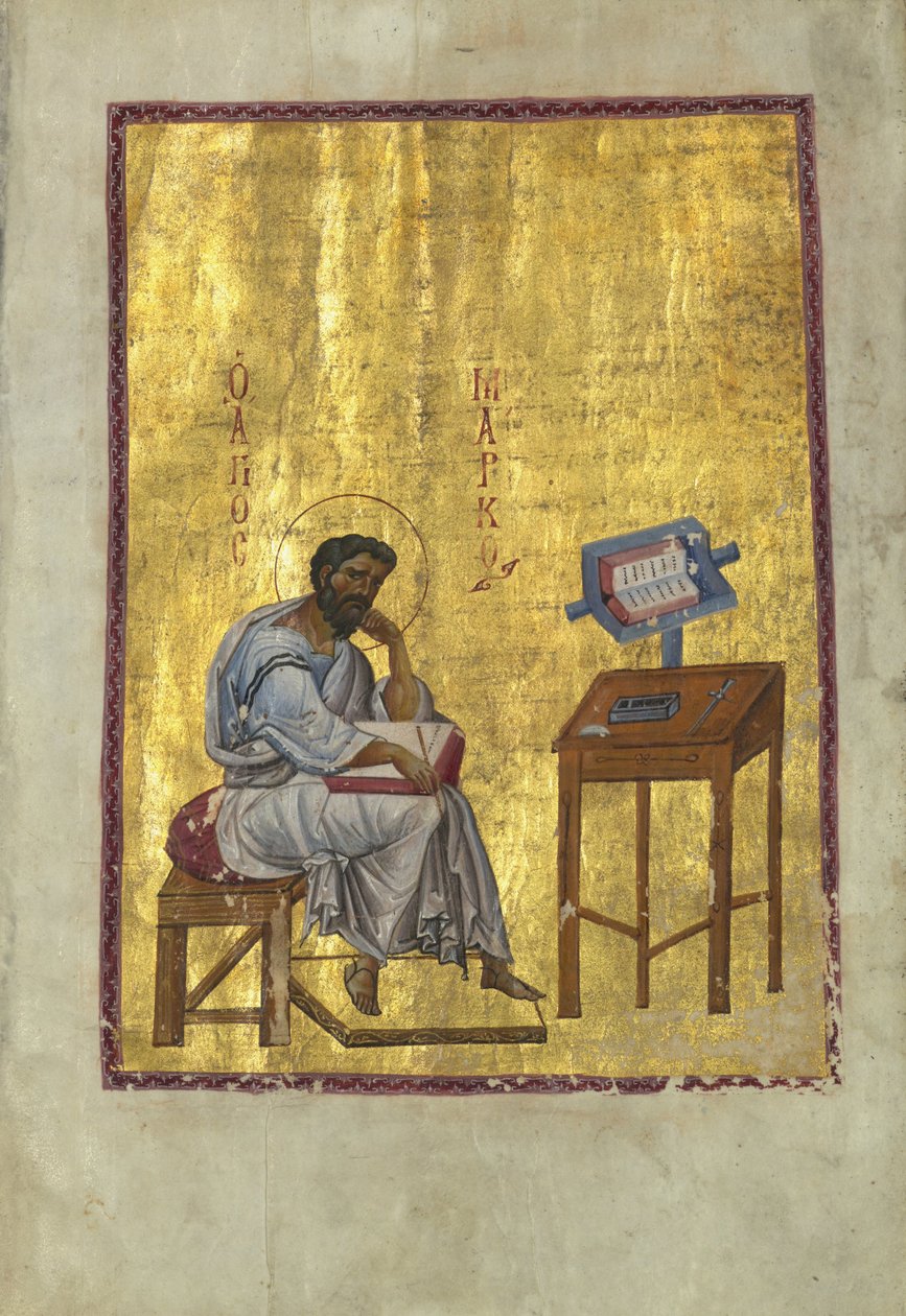 Evangelisten Mark sitter i sin studie av Byzantine