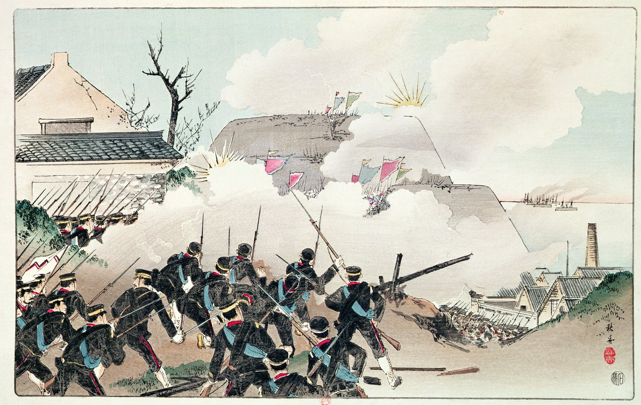 Slaget vid Port Arthur, c.1894 (färgad gravyr) av Chinese School
