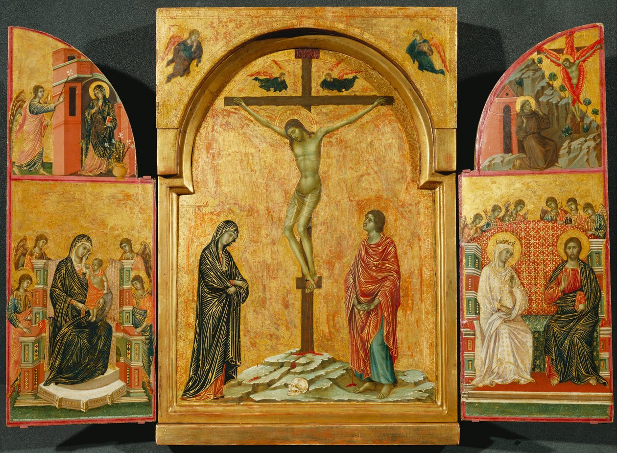Triptyk- Korsfästelse och andra scener av Duccio di Buoninsegna