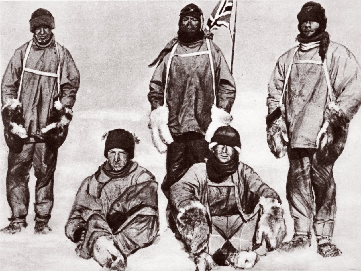 Scott, Wilson, Oates, Bowers och Evans på Sydpolen, 18 januari 1912 av English Photographer