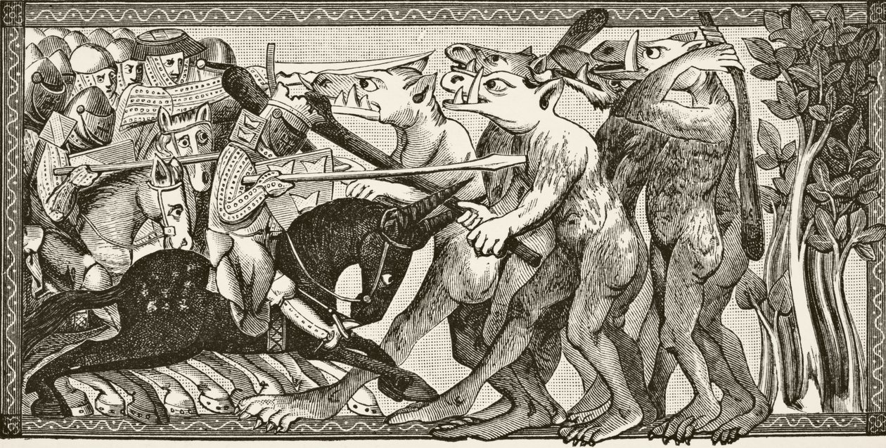 Hur Alexander engagerade sig i strid med män som hade hästhuvuden och kräktes rök ur munnen, från "Science and Literature in the Middle Ages" av Paul Lacroix (1806-84) publicerad London 1878 (li av French School