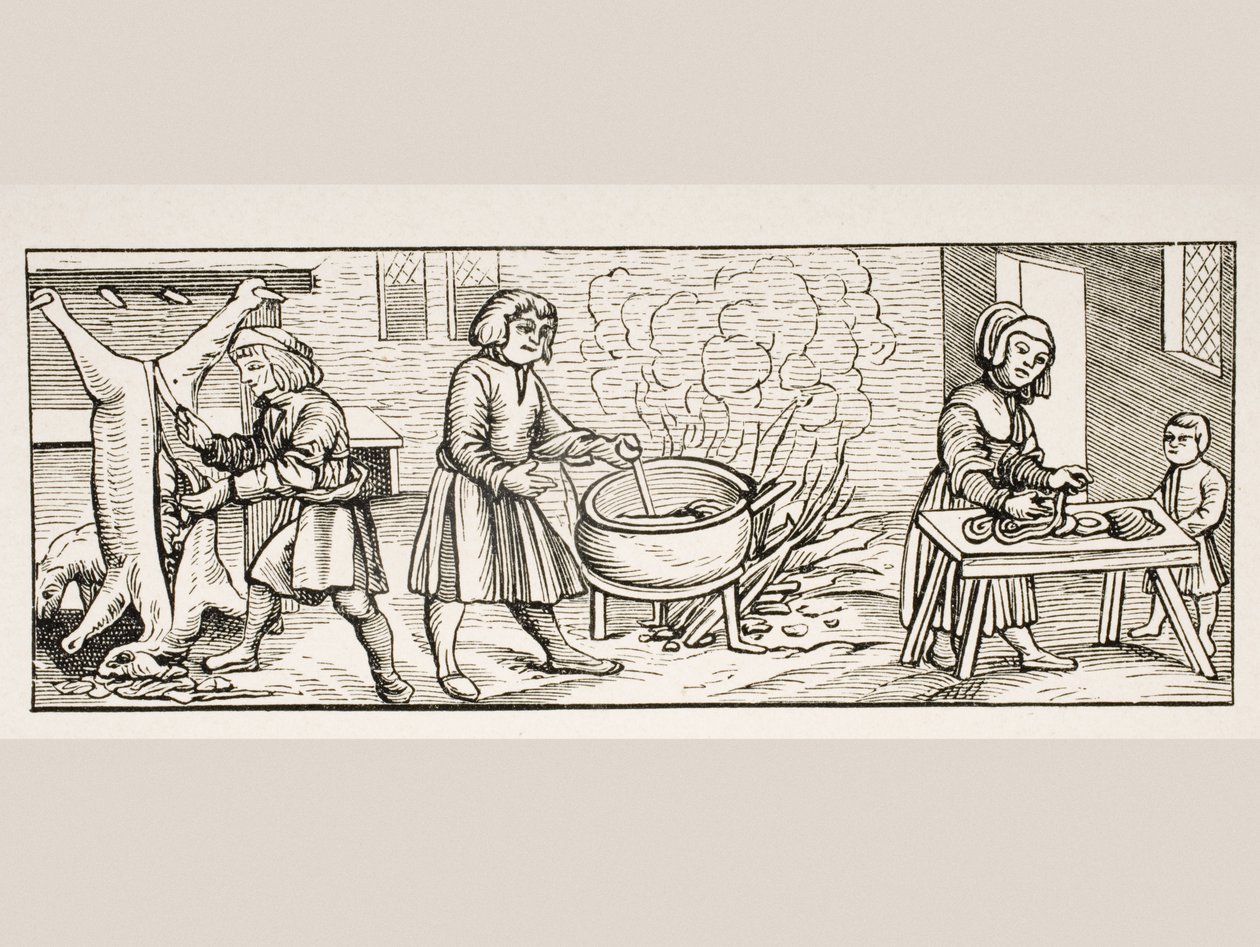 Interiör i ett kök, efter ett träsnitt i "Calendarium Romanum" av Jean Staeffler, tryckt i Tubingen, Tyskland, 1518, från "Le Moyen Age et La Renaissance" av Paul Lacroix (1806-84), publicerad 1847 (lit. av French School
