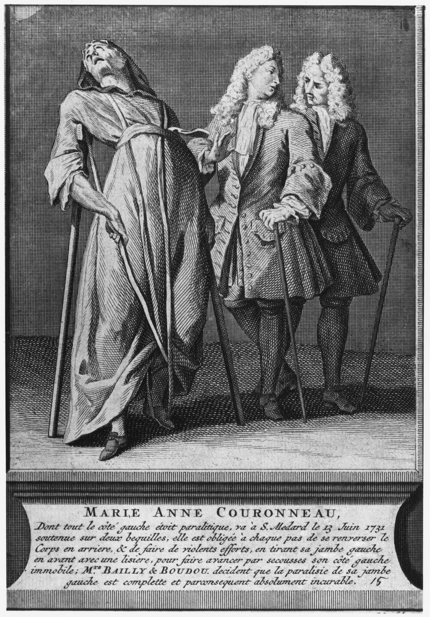 Mirakulöst helande av en förlamad, Marie-Anne Couronneau, på diakon Francois de Pariss grav på församlingskyrkogården Saint-Medard i Paris, 13 juni 1731, graverad av Pieter Yver (1712-87) 1737 ( av French School