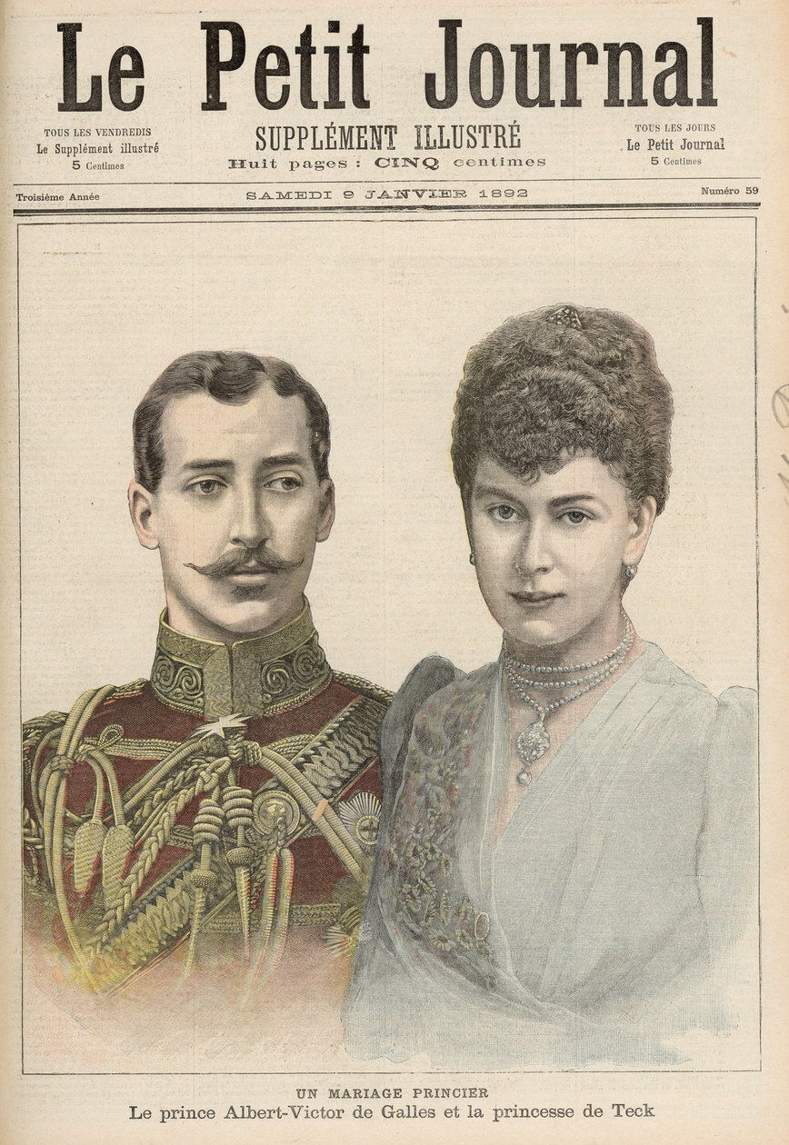 Albert Victors (1864-92) förlovning, hertig av Clarence, äldste son till Edward, Prince of Wales med Victoria Mary av Teck (1867-1953) från "Le Petit Journal", 9 januari 1892 av French School