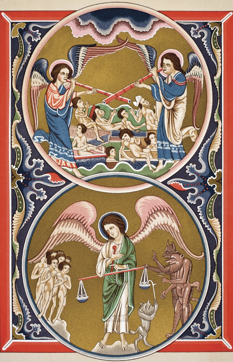 The Resurrection of the Dead and the Weighing of Souls in the Balance at the Last Judgement, från "Science and Literature in the Middle Ages" av Paul Lacroix (1806-84) publicerad London 1878 (färg li av French School