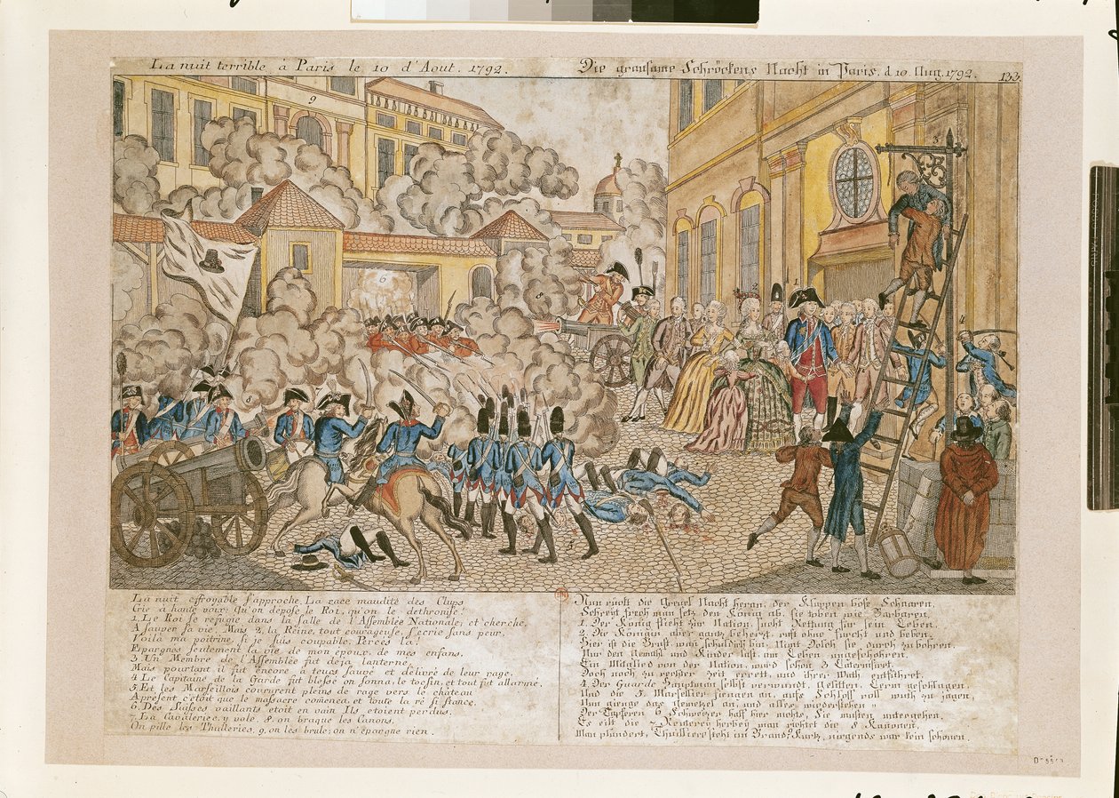 Den fruktansvärda natten i Paris, 10 augusti 1792 (färgad gravyr) av French School