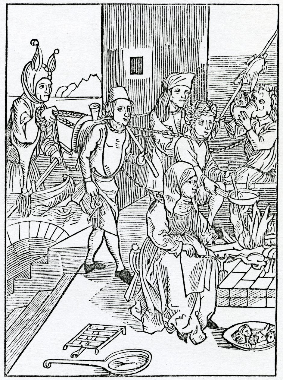 Av folisshe cokes och buttelers och andra officers of howsholde that wast their maysters good without mesure, illustration från Alexander Barclays engelska översättning av 