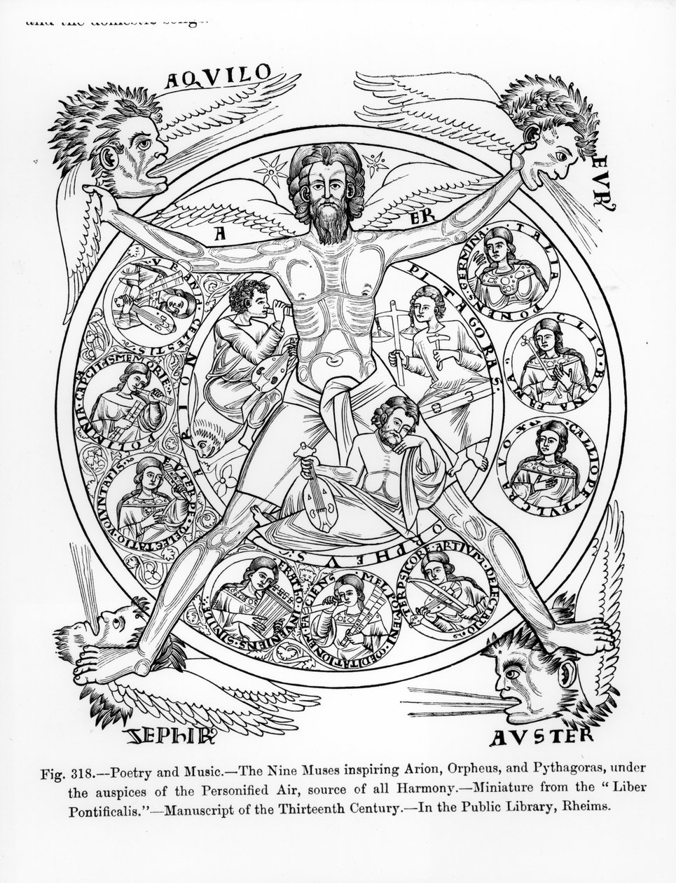 Poesi och musik, de nio muserna som inspirerar Arion, Orpheusan Pythagoras, under beskydd av den personifierade luften, källan till all harmoni, från illustrationen "Liber Pontificalis" (påvens bok) av Italian School