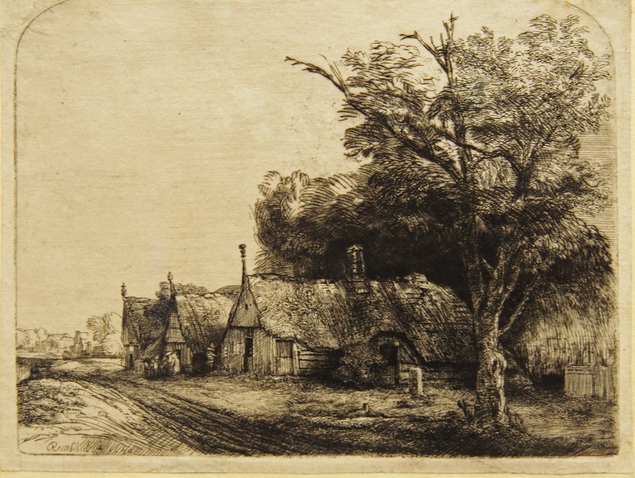 Tre bondgårdar längs en väg av Rembrandt van Rijn