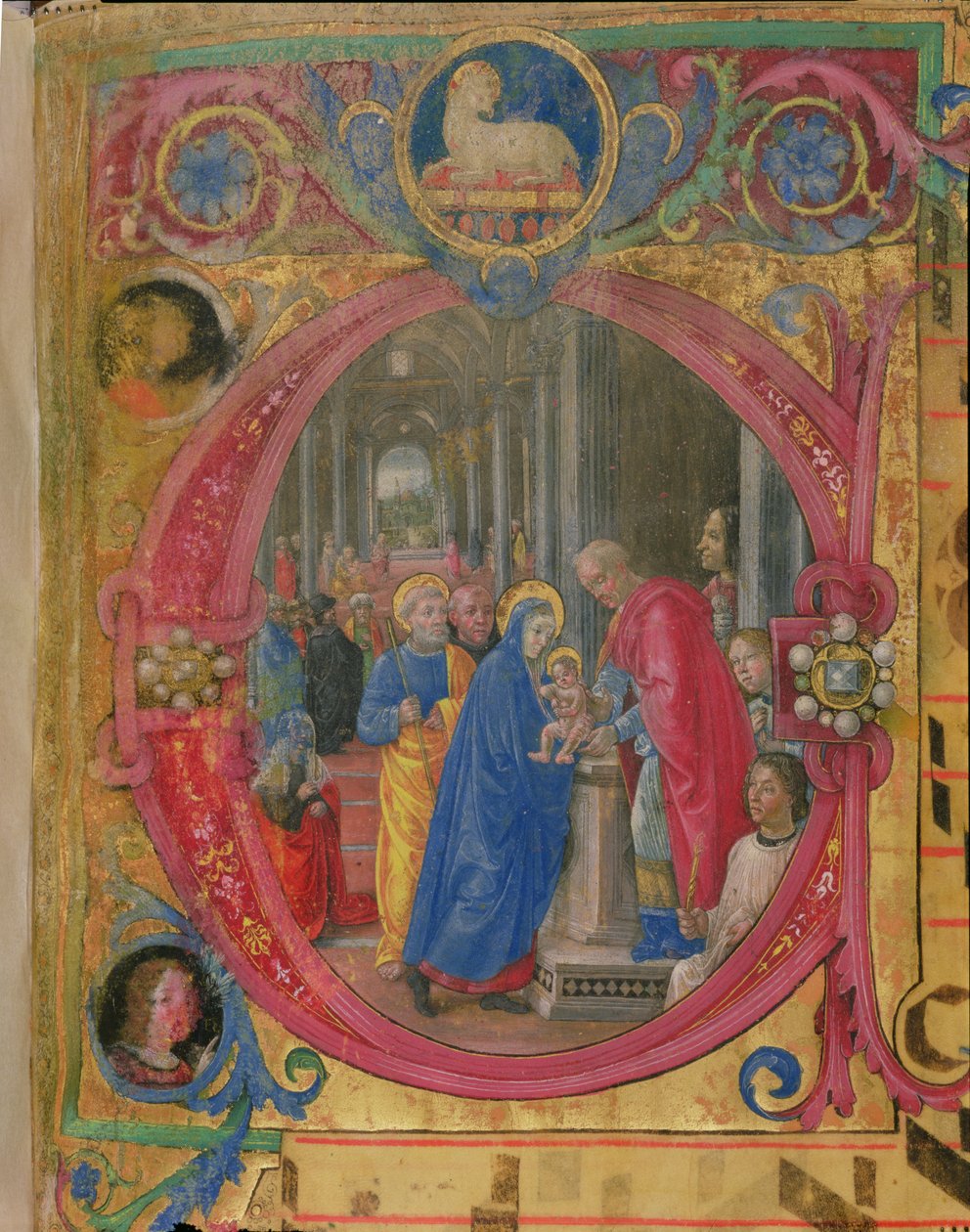 Corale B 26 c.113r Historierad initial "C" som föreställer presentationen i templet, med ett porträtt av Lorenzo den magnifike (1449-92) vid en pelare på höger sida (se 179197 för de av Tommaso di Baldassare