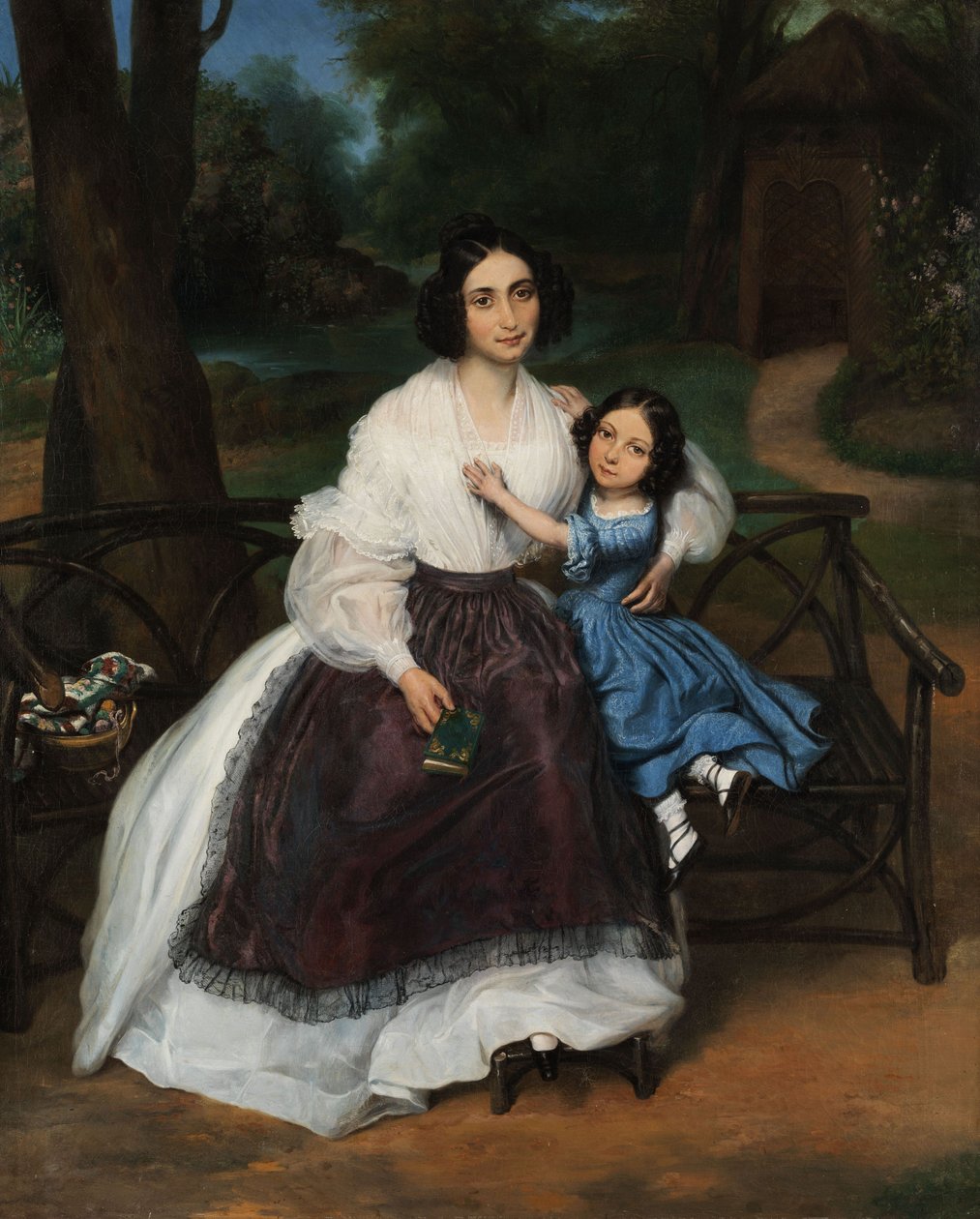 Biedermeier porträtt av en ung kvinna med dotter. av Unknown