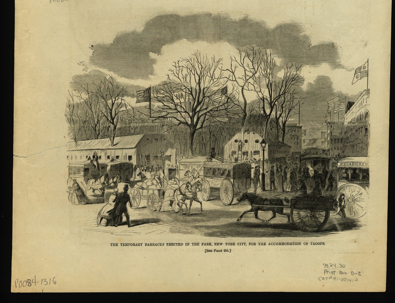 Print of a city park scene with buildings, horse-drawn wagons and carriages, and people in the foreground with several buildings with flags flying over them and trees in the background. av Unknown