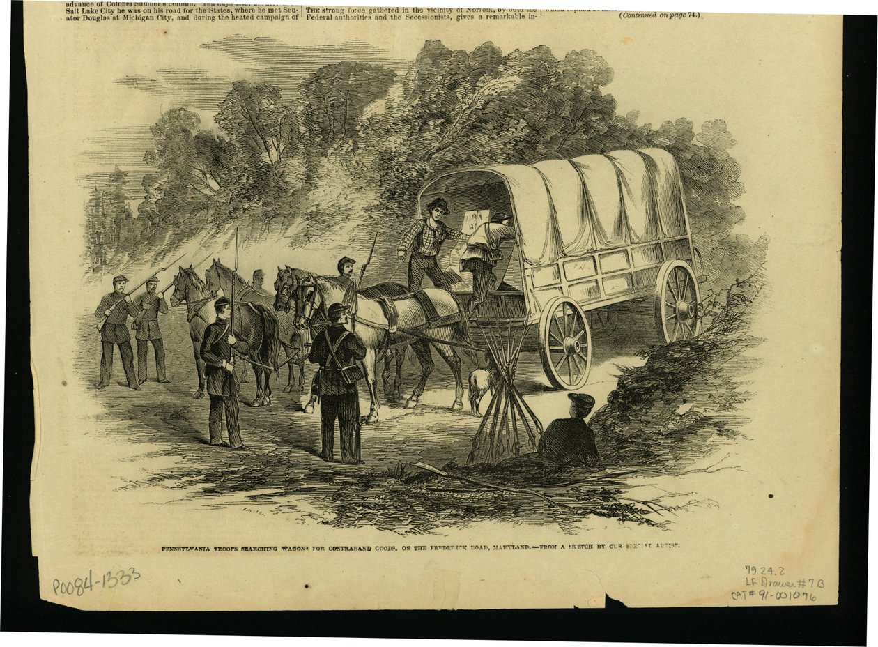 Print of soldiers in front of a wagon hitched to four horses av Unknown