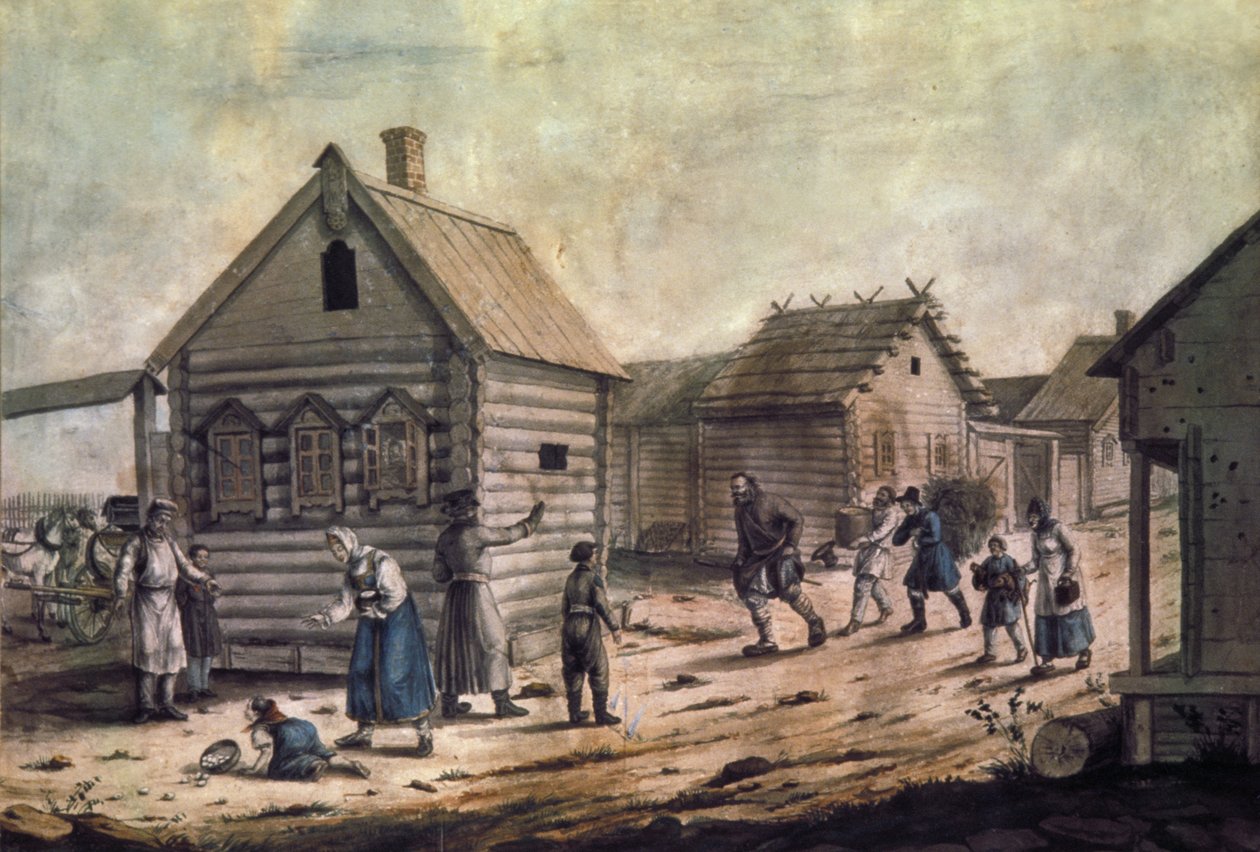 Ankomsten av Village Mistress, en akvarellmålning från 1850-talet. av Unknown
