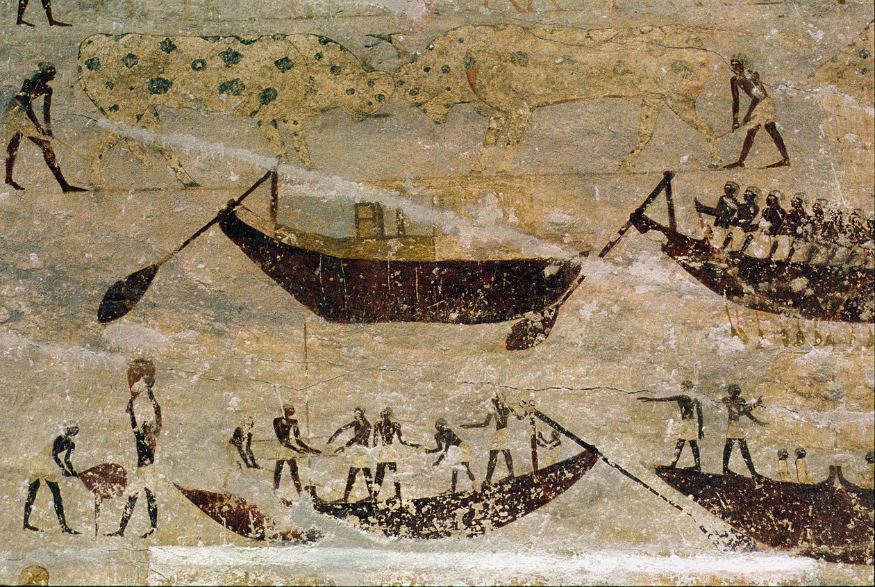Båtar som går nedströms, detalj från en gravmålning, egyptisk, Gamla till Mellanriket (målad kalksten) av Unknown