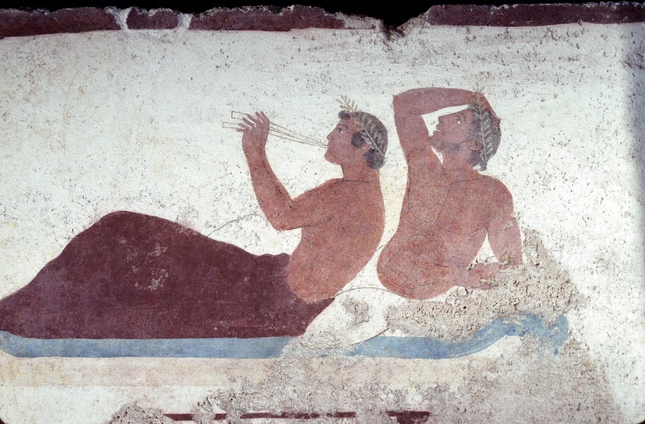 Grekisk målning från dykarens grav, Paestum, 480 f.Kr. Banqueters. Symposiumsscen, Italien av Unknown