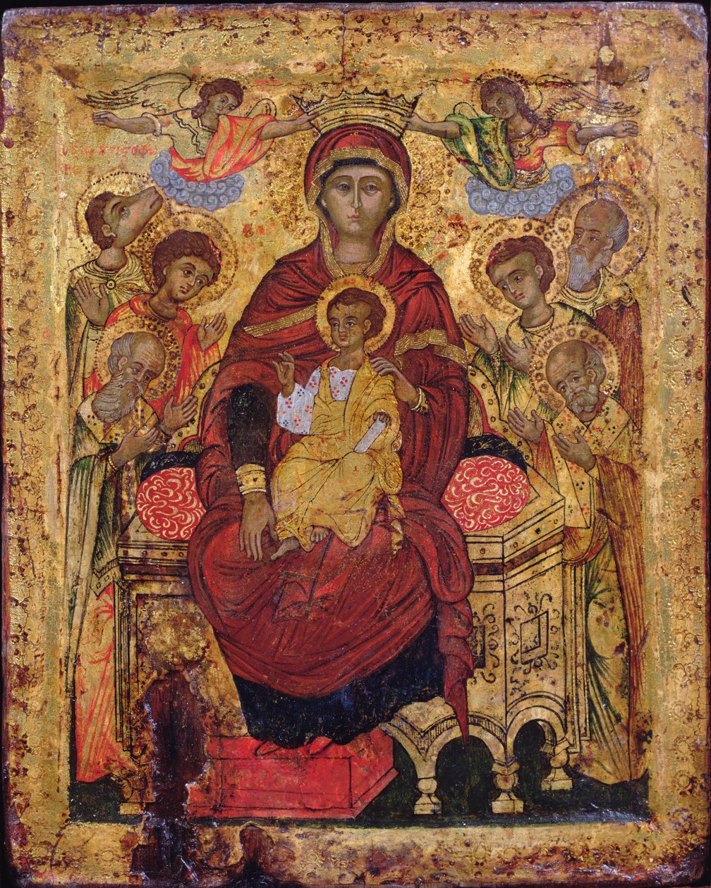 Madonna och barn tronade med heliga, grekiska öarnas ikon, tidigt 1700-tal (tempera på panel) av Unknown
