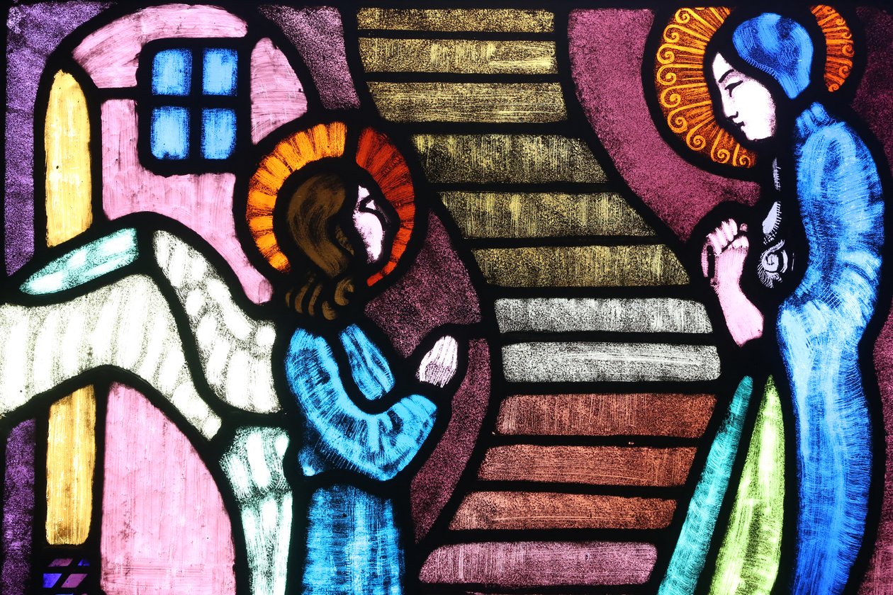 Saint Paul kyrka, Målat glasfönster av A Poncet, Bebådelsen till den heliga jungfru Maria av ängeln Gabriel, Genève, Schweiz, av Unknown