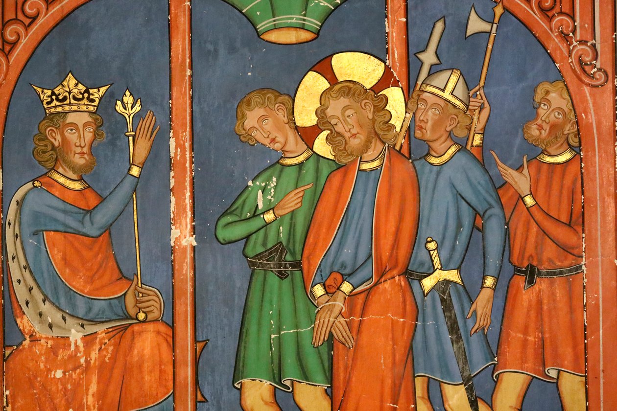 Saint-Pierre-le-Jeune Protestant Church, Passion of Christ, Jesus fördöms av Sanhedrin, Fresco, Strasbourg, Frankrike. av Unknown