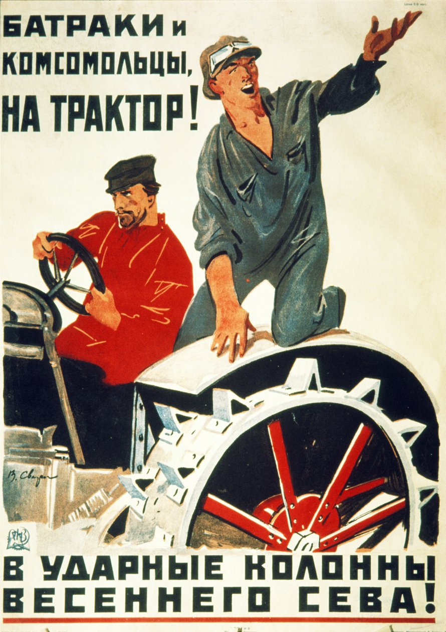 Sovjetisk propagandaaffisch från 1930-talet, daglönare och unga kommunister - Gå med i traktorchockbrigaderna för vårsådd!. av Unknown