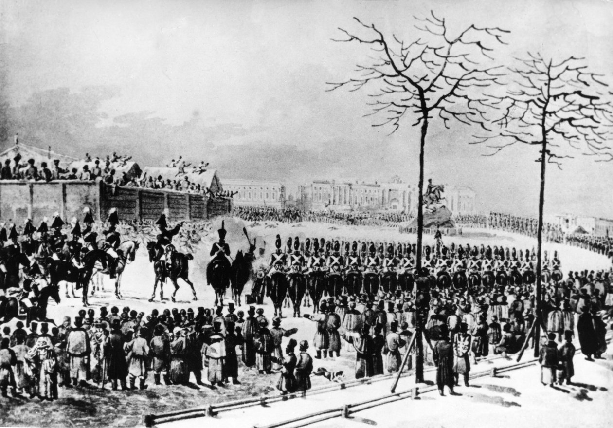 Decembristupproret, 1825, Senatstorget, St. Petersburg, Ryssland, Tsar Nicholas I beordrar kanoner avfyrade mot rebellerna, 14 december 1825, från en gammal akvarell av K, Kolman. av Unknown