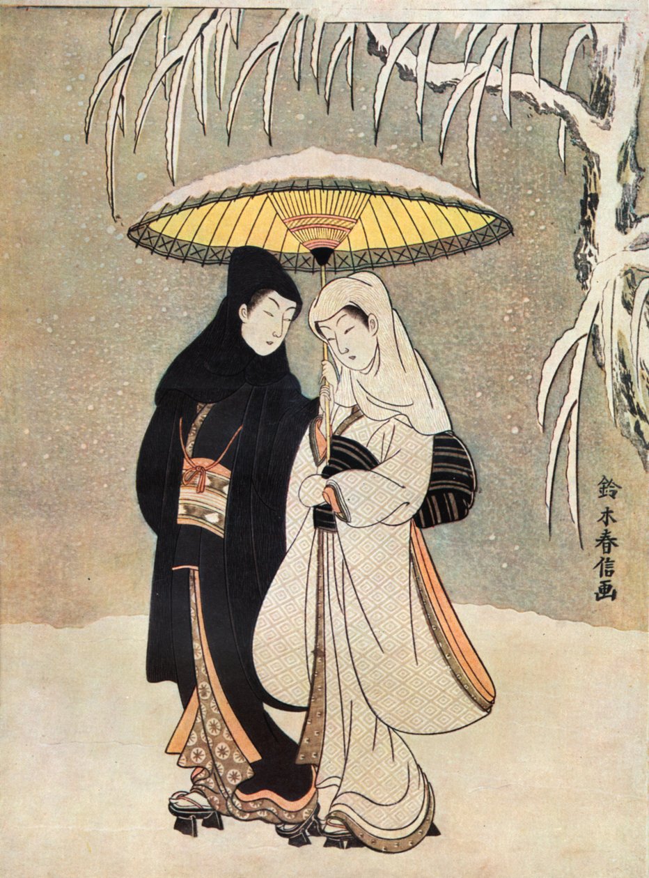 Two Lovers in Snow under Umbrella av Suzuki Harunobu av Unknown