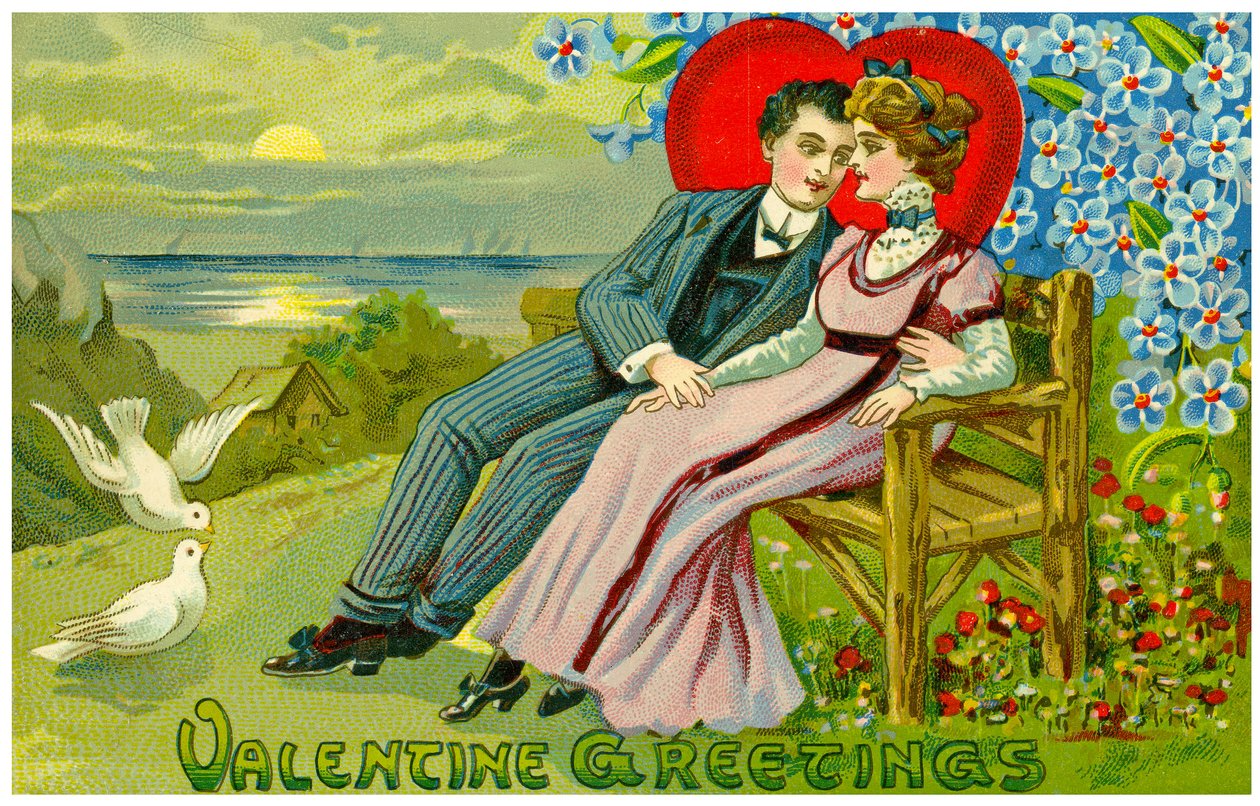 Valentines Day Card o loʻo faʻaalia ai ni tagata alofa se toʻalua, i le 1910 swed av Unknown