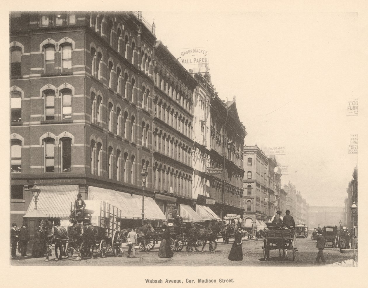 Utsikt över hörnet av Wabash Ave. och Madison St., Chicago, 1889 av American Photographer