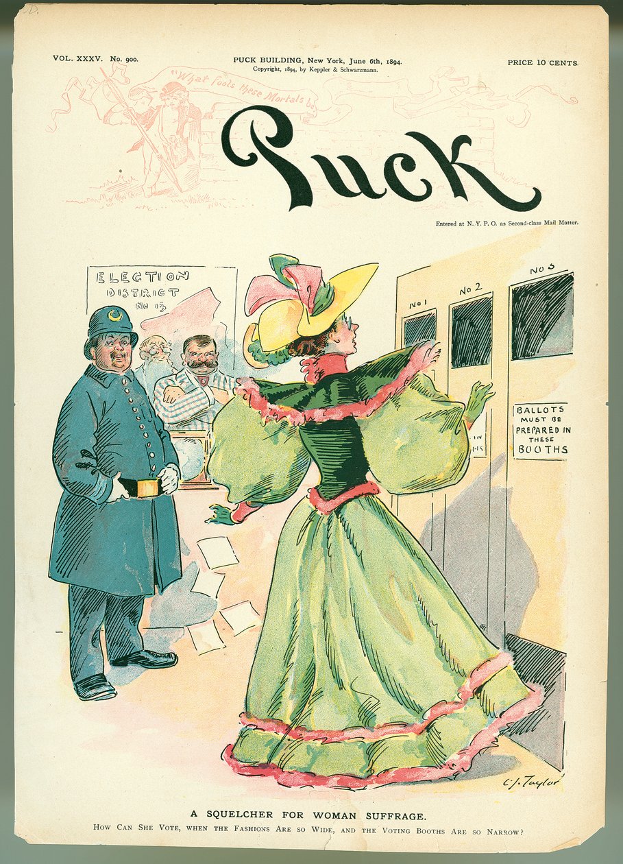 A Squelcher for Woman Suffrage, Puck magazine omslagsillustration, 6 juni 1894 av American School