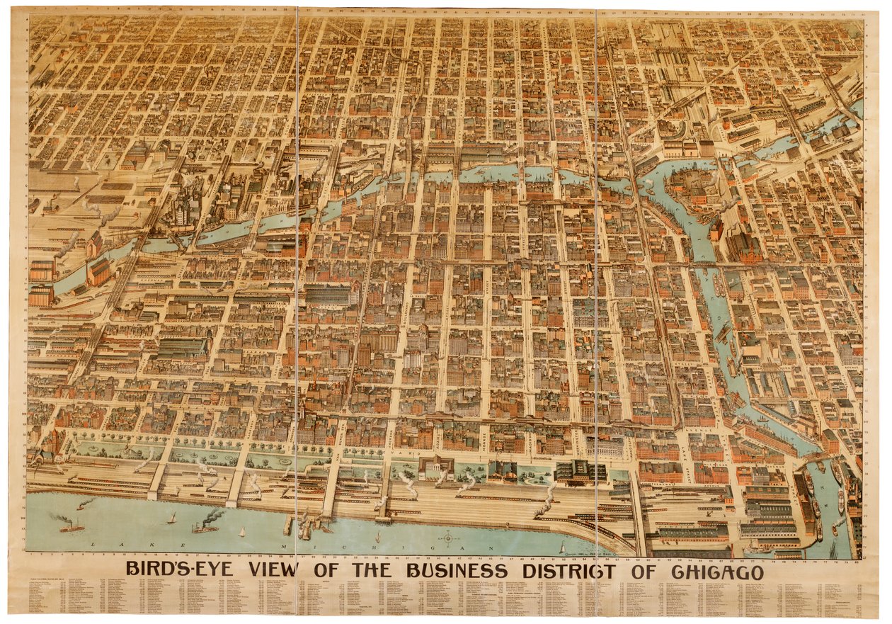 Fågelperspektiv över affärsdistriktet i Chicago, 1898 av American School