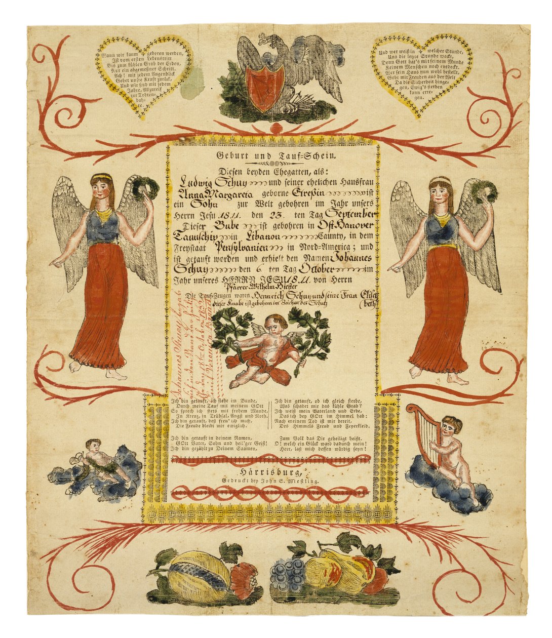 Födelse- och dopbevis, c. 1828 (handfärgad trägravyr på lagt papper) av American School