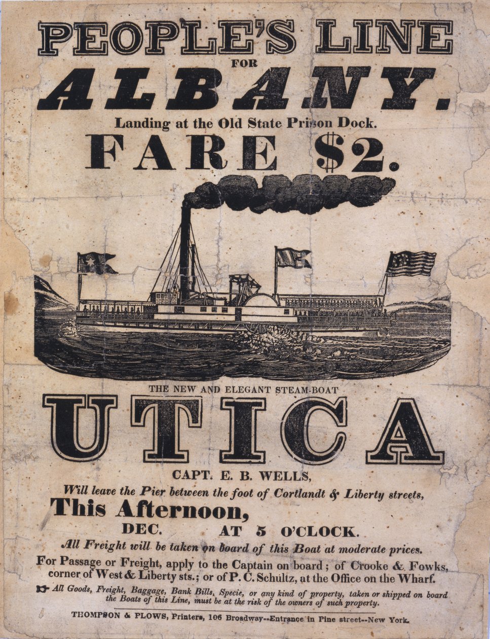 Bredsidesannonsering Peoples Line för Albany, The New and Elegant Steamboat Utica (boktryck bredsida) av American School