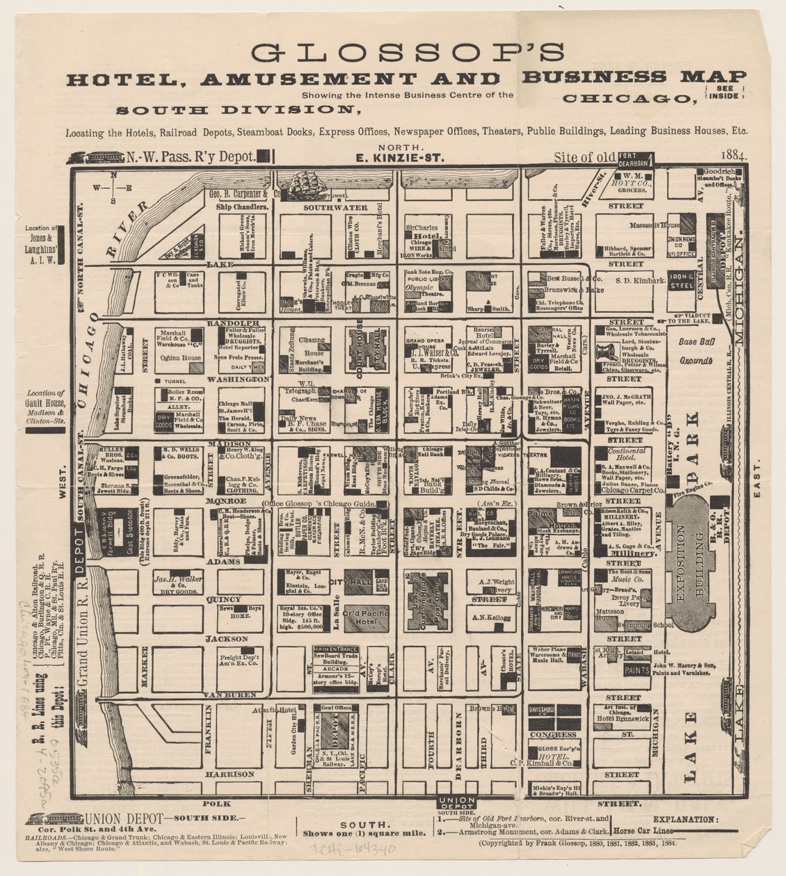 Glossops hotell-, nöjes- och företagskarta, c.1884 av American School