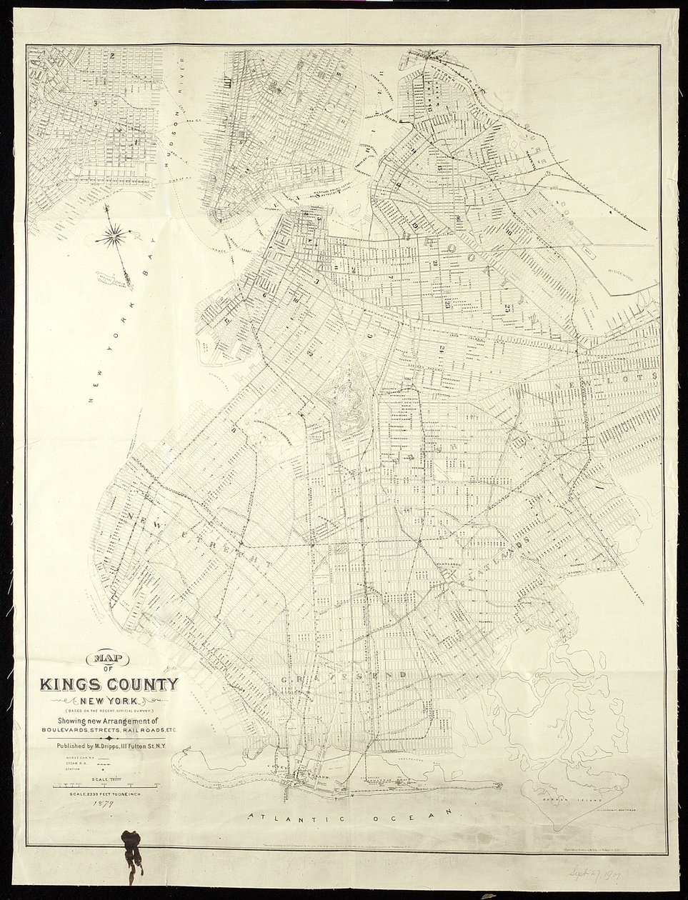 Karta över Kings County, New York, 1879, 1879 (svart bläck på papper, baksida med tyg) av American School