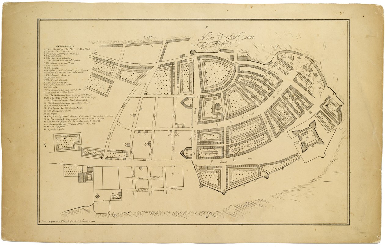 New Yorke 1695, 1846 (svart bläck på papper, baksida med papper) av American School