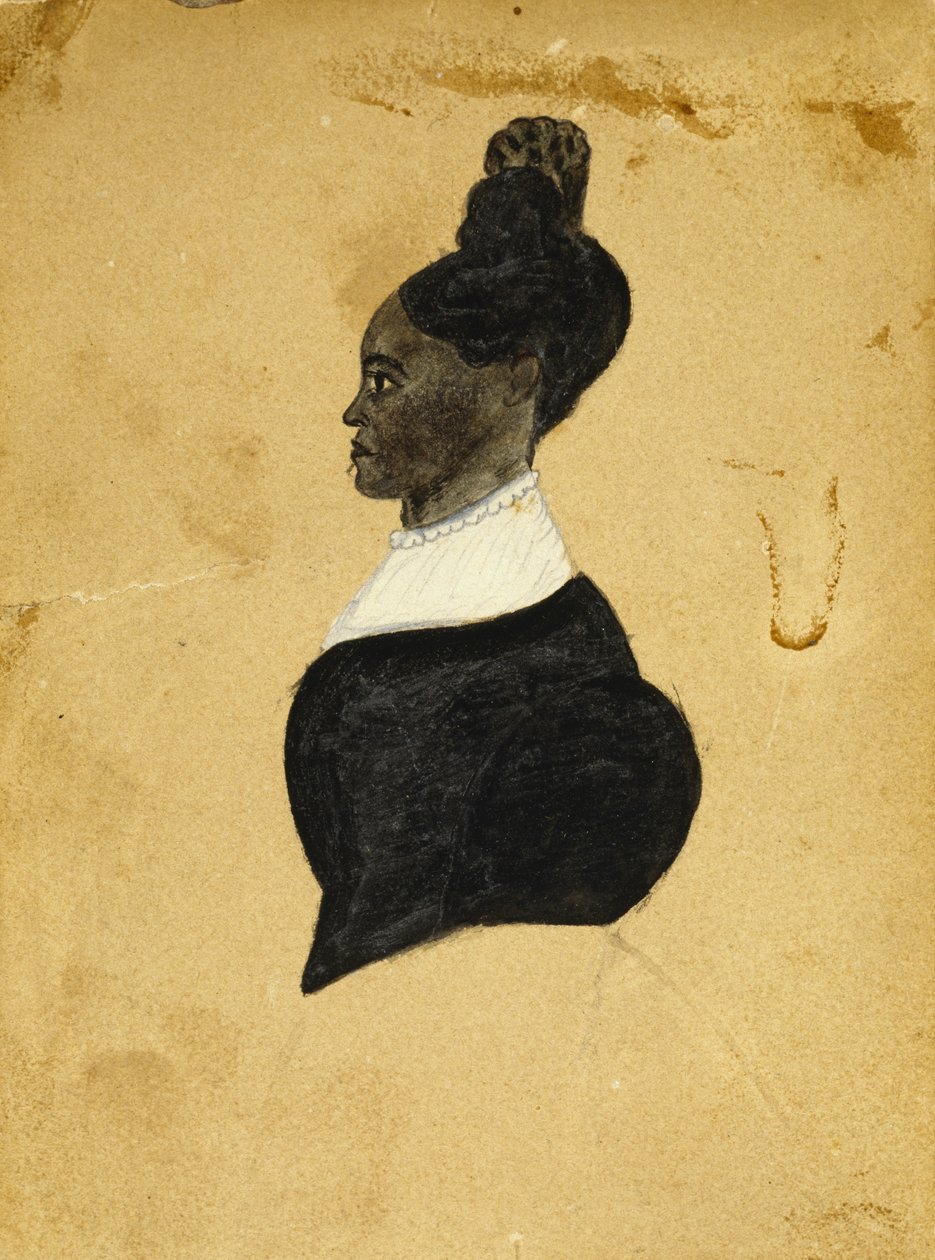 Siluettteckning av en ung kvinna, ca. 1840-1850 (svart bläck med kritavgränsning på vävt trämassapapper) av American School