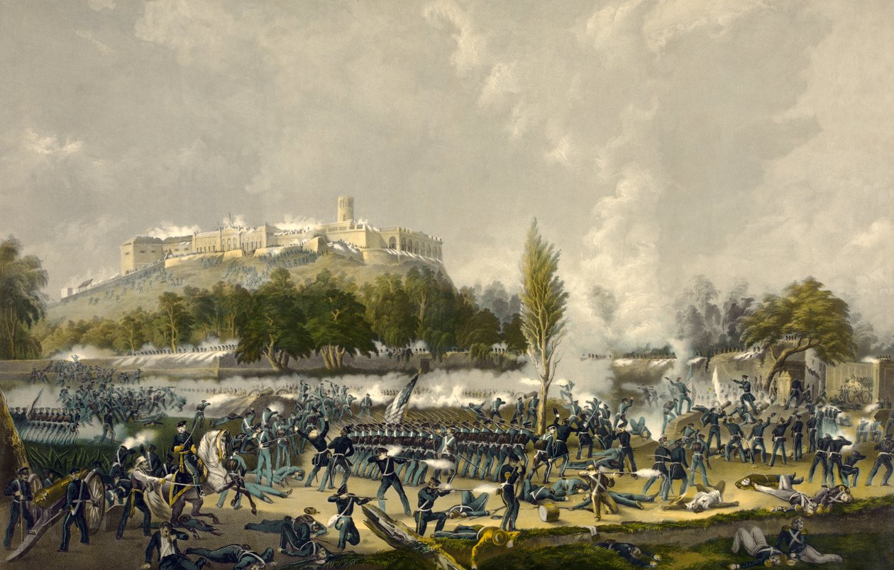 The Storming of Chapultepec, 13 september 1847, pub. 1848 (färgad litho) av American School