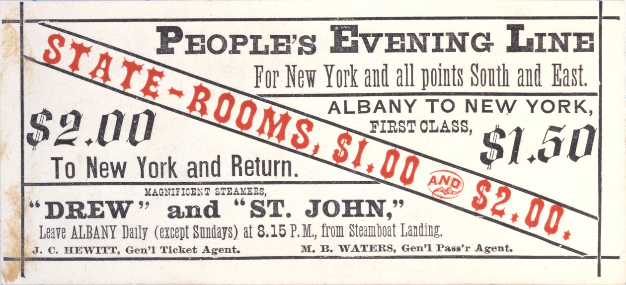 Biljett till Peoples Evening Line, Albany till New York, recto (gravyr [biljett]) av American School