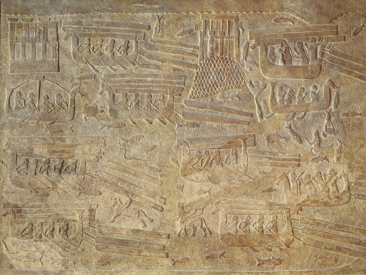 Relief föreställande transport av virke till sjöss av Assyrian