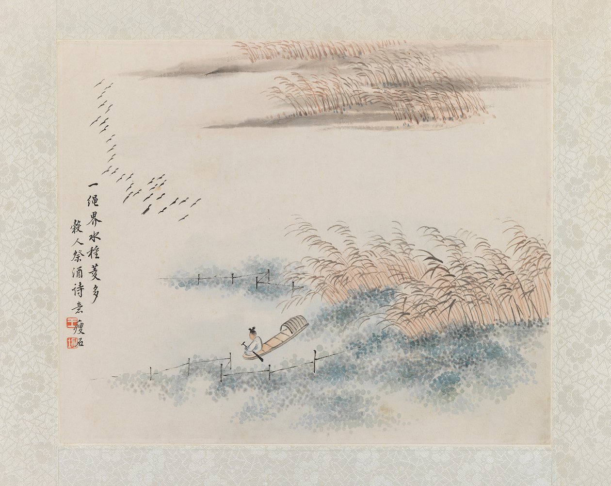 Fiskare och vass, albumbladsmålning (bläck & ljus färg på papper) av Chinese School