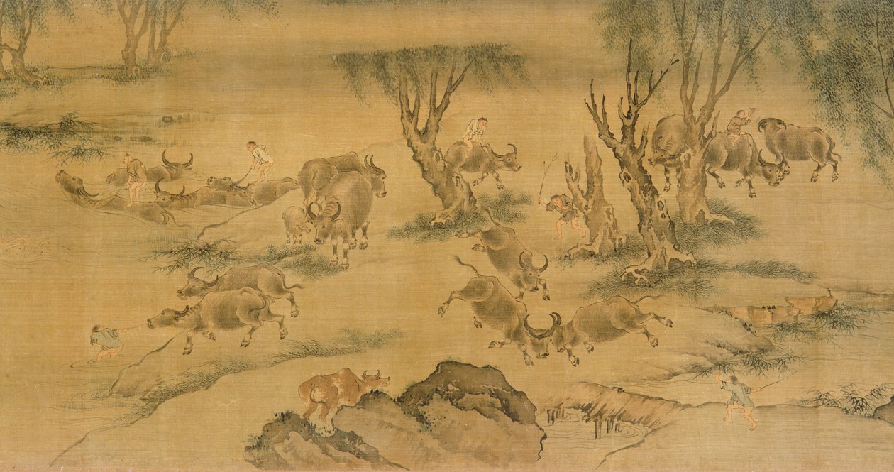 Vattenbufflar och flockpojkar, kinesiska, 1368-1463 av Chinese School